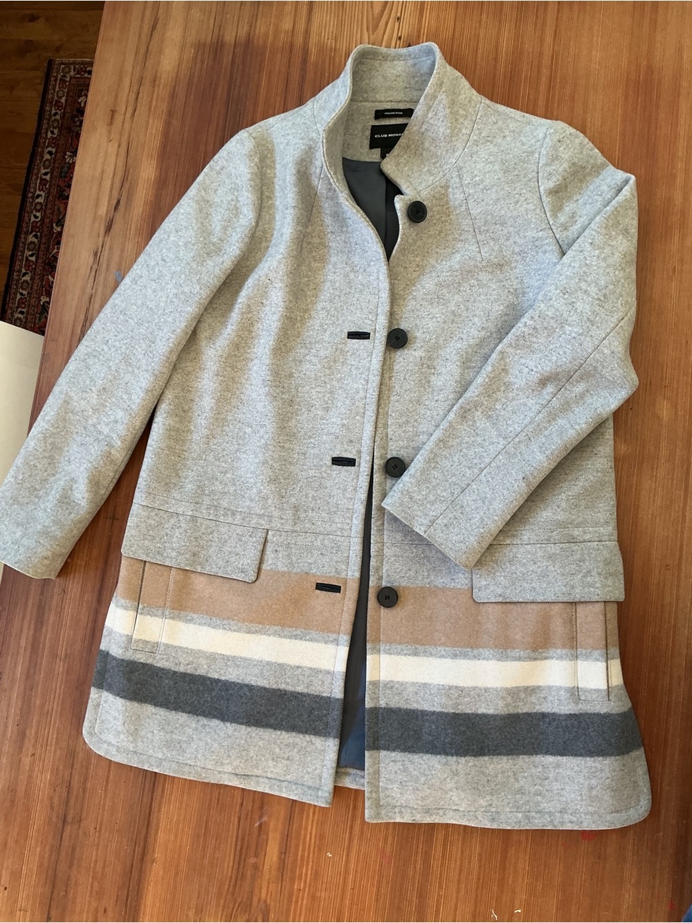 Club Monaco Gray Wool-Blend Pea Coat with Tan & Charcoal Stripes
